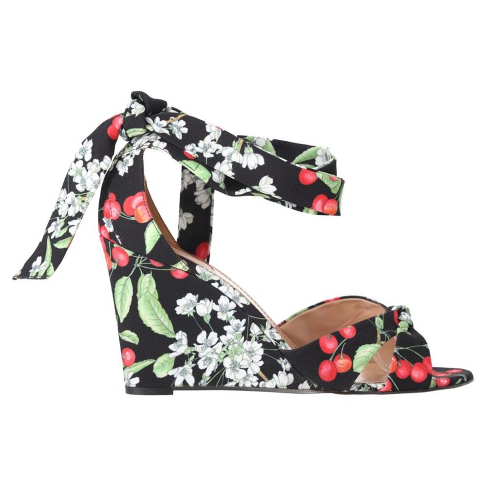 Aquazzura Cherry-Print Self-Tie Wedge Sandals in Multicolor Viscose